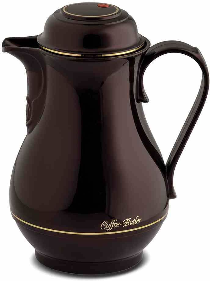 Eine braune Thermoskanne mit goldenen Akzenten. Auf der Kanne steht 'Coffee Butler'. Sie hat einen Henkel und einen verschließbaren Deckel.