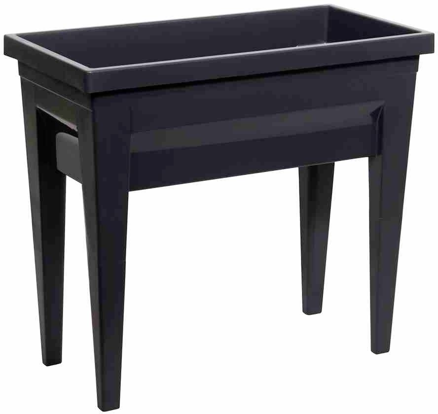 Ein schwarzer Pflanzenkübel auf Beinen aus Kunststoff, geeignet für den Außenbereich. Robust und ideal für Blumen oder Kräuter.