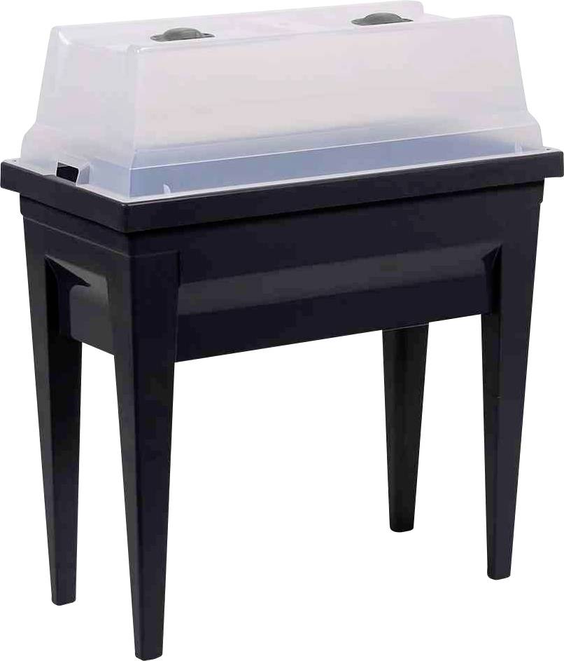 Eine schwarze Pflanzbox mit hohen Beinen und einem durchsichtigen Deckel, geeignet für die Anzucht von Pflanzen in Innenräumen.