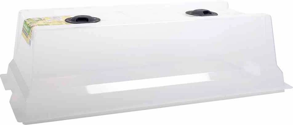 Weiße Kunststoff-Abdeckung mit zwei schwarzen Belüftungskappen oben, möglicherweise Teil eines Gewächshaussets oder zur Pflanzenanzucht.