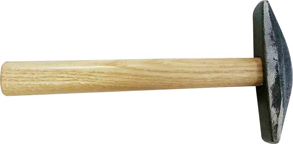 Ein Hammer mit Holzgriff und Metallkopf, liegt horizontal. Werkzeug zur Bearbeitung von Materialien.