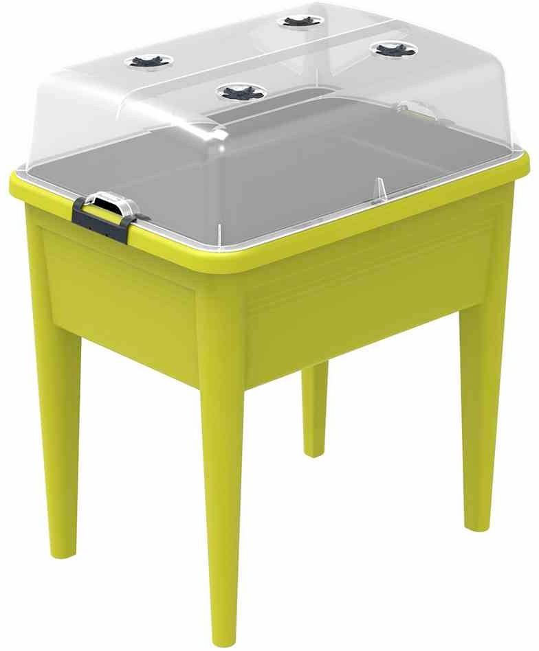 Gelbes Mini-Gewächshaus mit transparentem Deckel und Lüftungsöffnungen, auf hohen Beinen stehend. Ideal für den Einsatz auf Terrassen.
