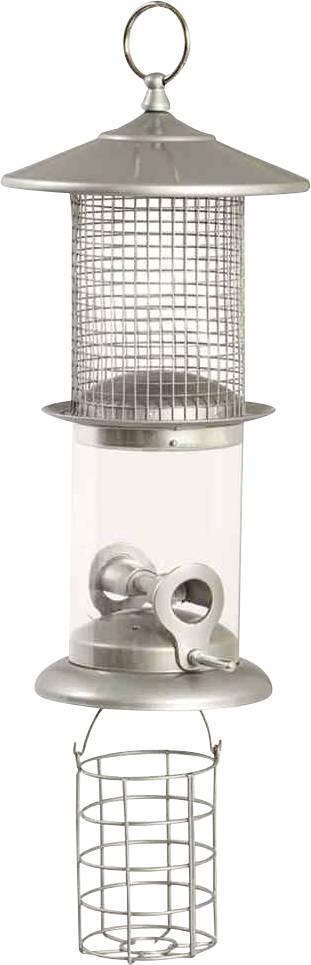 Ein silberner, zylindrischer Vogelhäuschen mit Maschendraht und Einfüllöffnung oben; unten ein kleiner Drahtkorb für Futter.