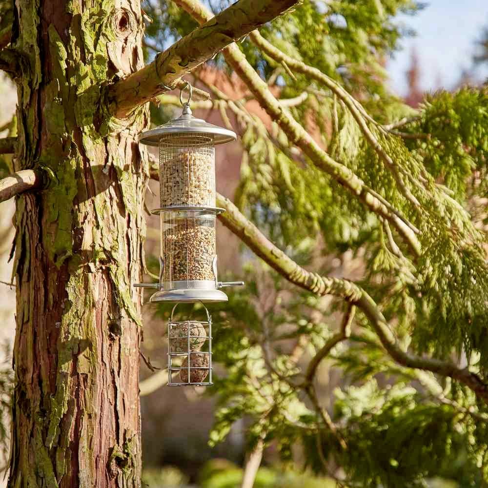 Ein Vogelhäuschen mit Futter hängt an einem Baum. Die Umgebung besteht aus grünen Zweigen und natürlichem Licht im Hintergrund.