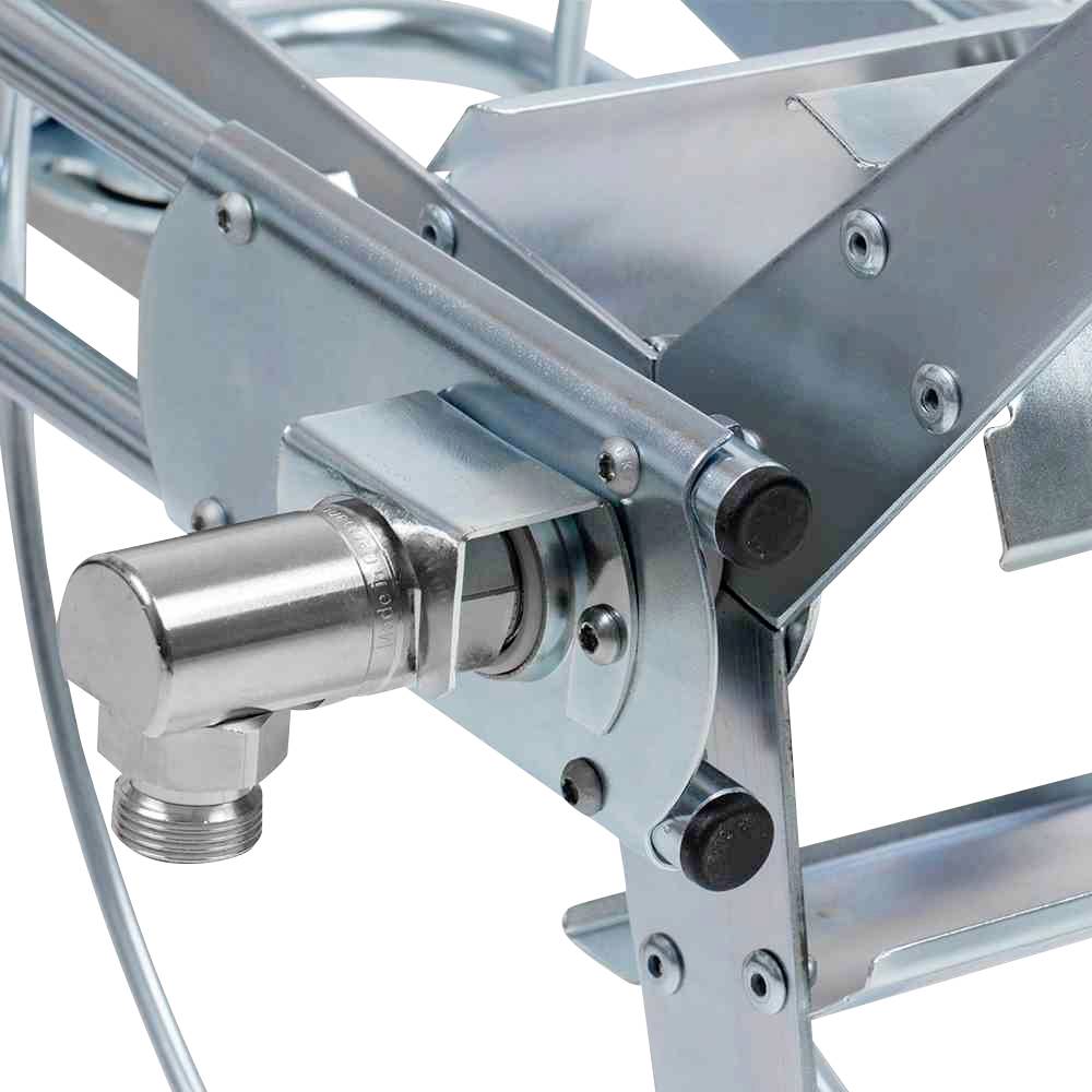 Metallische industrielle Vorrichtung, Nahaufnahme eines Ventils an einer starren Konstruktion, vermutlich Teil einer Maschine oder Anlage.