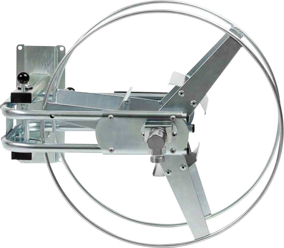 Metallische manuelle Kurbelwinde mit zwei großen Zahnrädern und Griff zur Wandmontage.