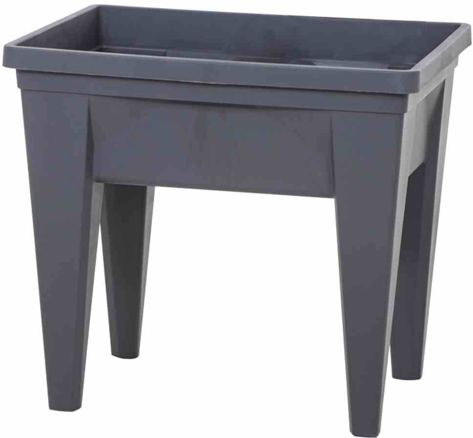 Grauer, rechteckiger Pflanzkübel mit Beinen, aus Kunststoff. Ideal für den Außenbereich oder den Garten zur Pflanzenerde.