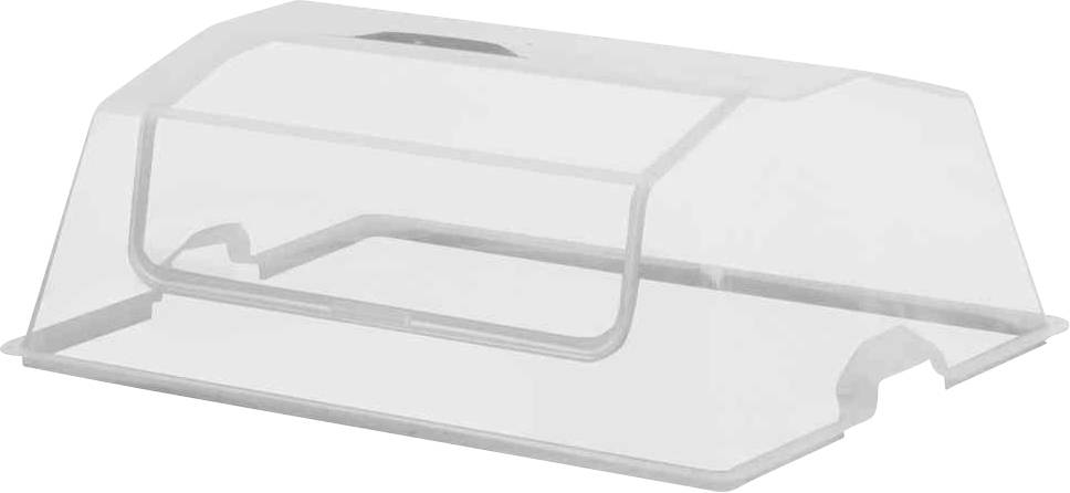 Durchsichtige Haube aus Plastik, rechteckig geformt, mit Grifföffnung oben. Verwendet zum Abdecken und Frischhalten von Lebensmittelbehältern.