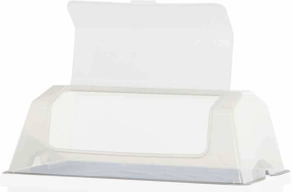 Leerer, transparenter Kunststoffbehälter mit offenem Deckel, geeignet zur Aufbewahrung von Gegenständen.