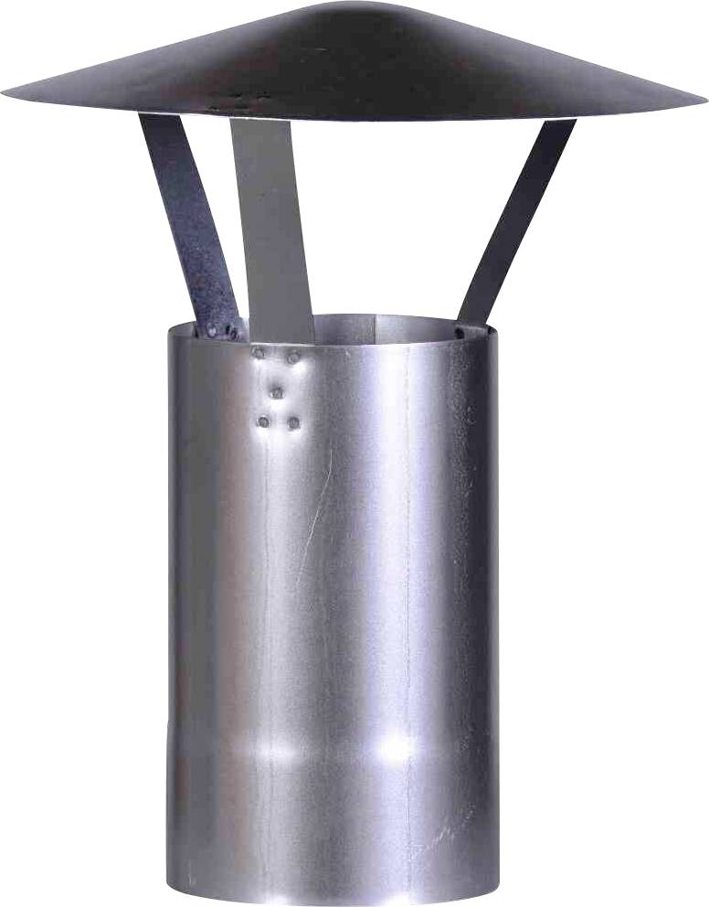 Metallischer Kaminabzug mit konischem Regenschutz, der auf einem zylindrischen Rohr montiert ist.