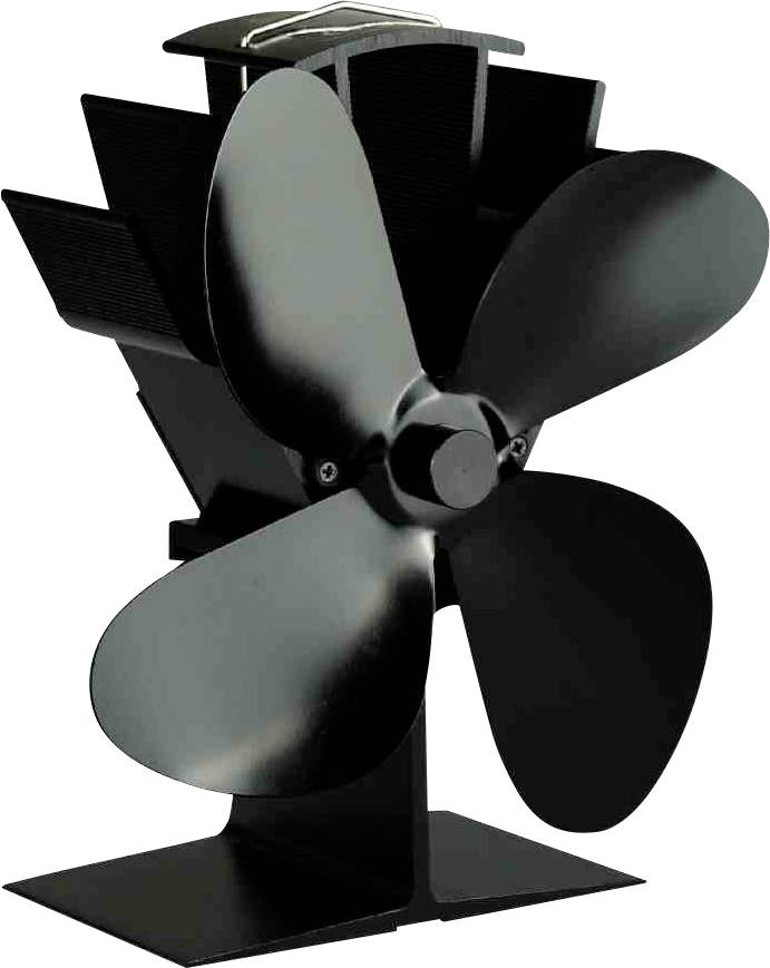 Ein schwarzer Ventilator mit vier Flügelblättern, stehend auf einem rechteckigen Sockel, geeignet für die Nutzung auf einem Ofen oder Kamin.