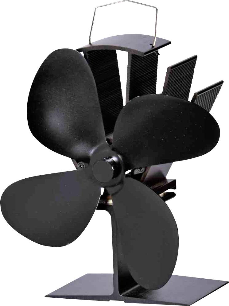 Ein schwarzer, batteriebetriebener Ventilator mit vier Flügeln, auf einem flachen Standfuß, geeignet für Tisch oder Regal.