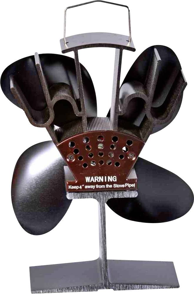 Metallischer Ventilator mit vier abgerundeten Flügeln und Warnhinweis: 'WARNING Keep 4'' away from the Stove Pipe!'