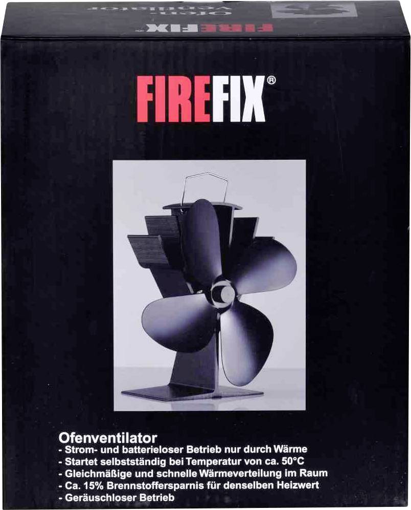 'Firefix Ofenventilator' auf schwarzem Hintergrund. Er läuft ohne Strom und Batterien, startet bei 50°C, verteilt warme Luft und spart 15% Heizstoff. Geruchsfreier Betrieb.