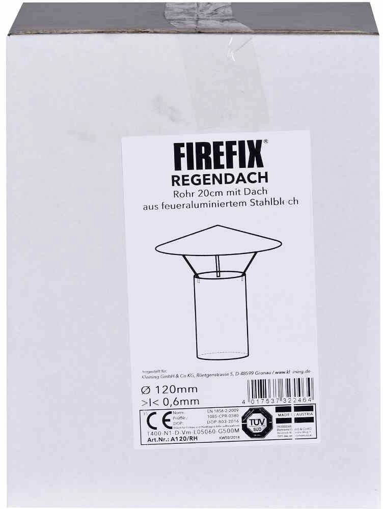 Eine Verpackung mit der Aufschrift 'FIREFIX REGENDACH Rohr 20cm mit Dach aus feueraluminiertem Stahlblech'. TÜV-geprüft.