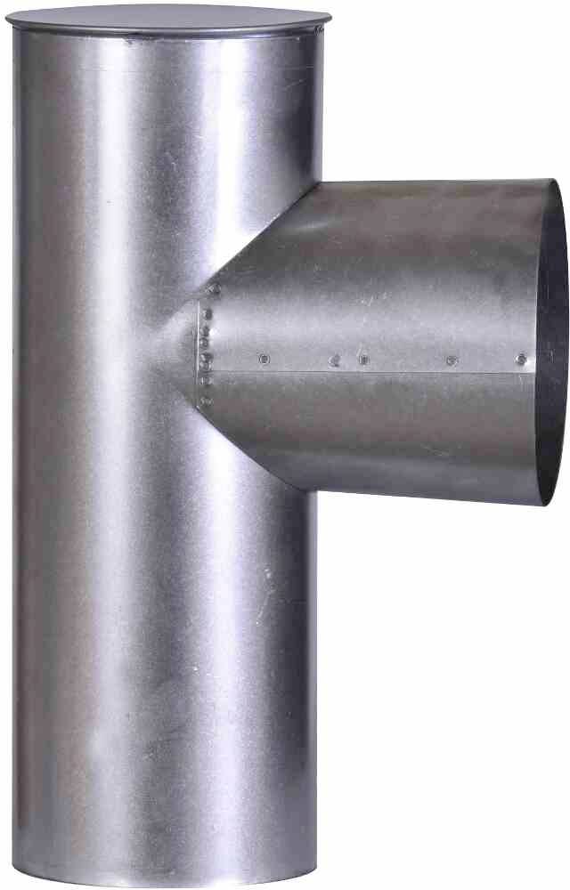 Ein verzinktes T-Stück aus Metall, das für die Verbindung von Lüftungsrohren verwendet wird.