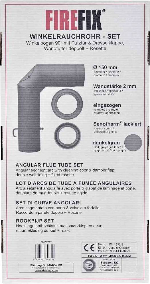 'FIREFIX Winkelrauchrohr-Set', bestehend aus 90° Bogen, Drosselklappe, Wandfutter. Rohrdurchmesser: 150 mm, Farbe: dunkelgrau.