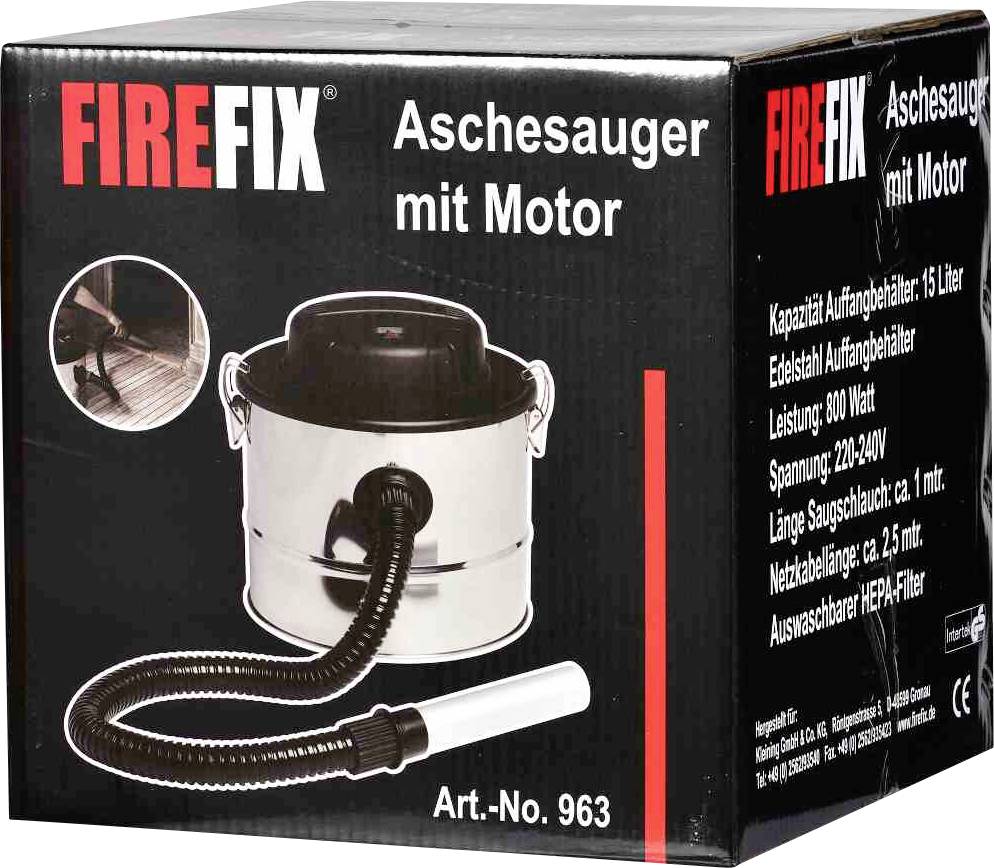'FIREFIX Aschesauger mit Motor' ist ein Aschesauger in einem schwarz-silbernen Karton verpackt. Kapazität: 15 Liter, Leistung: 800 Watt.