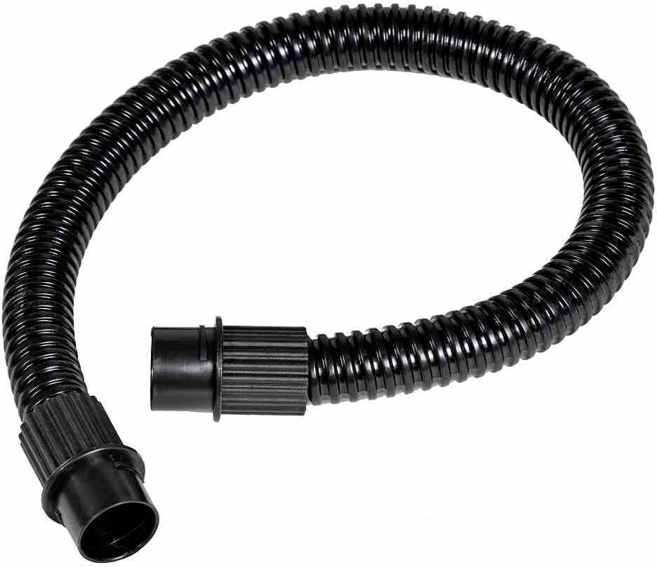 Schwarzer, flexibler Plastikschlauch mit geripptem Design, geeignet für den Anschluss an Staubsauger oder ähnliche Geräte.