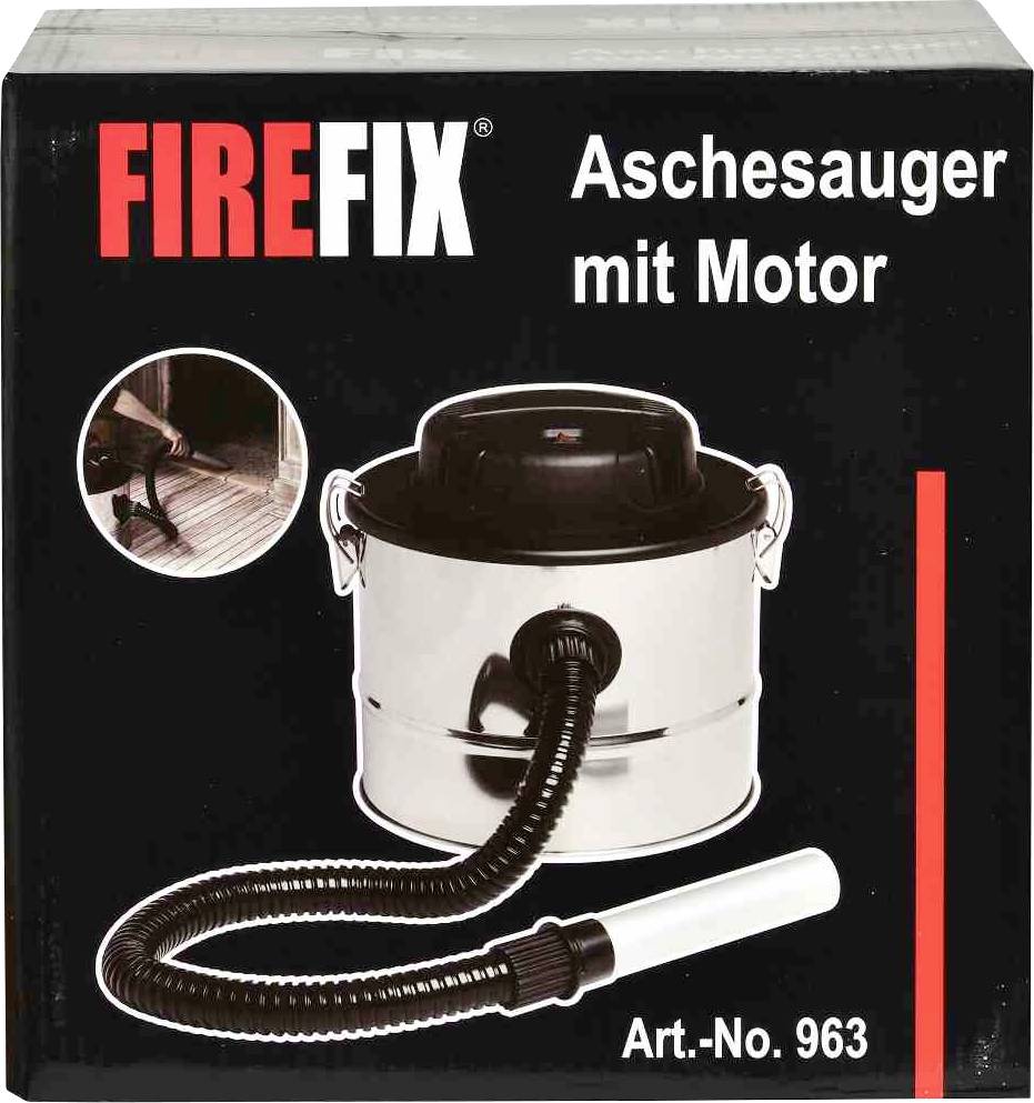 'FIREFIX' Aschesauger mit Motor auf Verpackung abgebildet. Enthält Bild eines metallischen Staubsaugers mit Schlauch. Art.-No. 963.