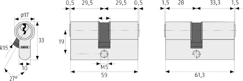 Zylinder mit Maßen: Durchmesser 17, Länge 59 bis 61,3 mm, Bohrung M5, 3D-Darstellung und Querschnitt der Zylinderform.
