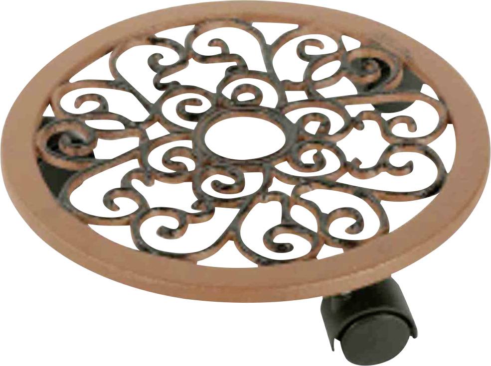 Dekorativer Topfuntersetzer aus Metall mit schwarzem, filigranem Muster und einem runden braunen Rand.