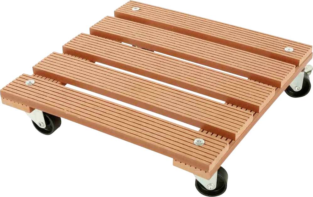 Ein rechteckiger Holzwagen auf vier schwarzen Rollen mit Längslamellen. Dient zum Transport kleinerer Gegenstände oder Pflanzen.