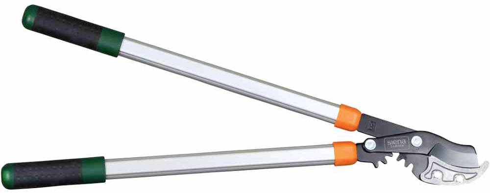 Langstielige Gartenschere mit Metallschneide und orange-grünen Griffen, geeignet zum Schneiden dicker Äste.