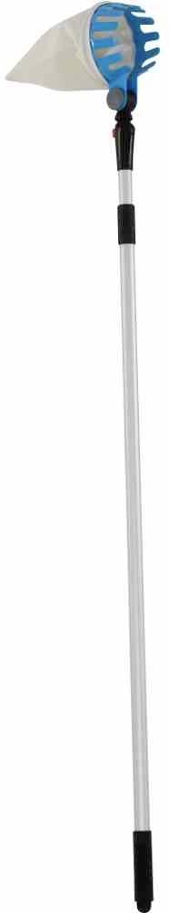 Teleskopischer Pool-Skimmer mit blauem Kunststoffrahmen und Netz für das Entfernen von Blättern und Schmutz aus dem Wasser.