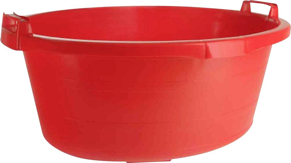 Roter Kunststoffwaschkorb mit zwei Griffen, geeignet für Wäsche und verschiedene Haushaltsaufgaben.