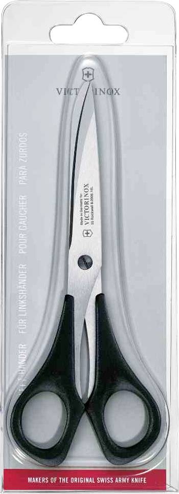 Schere in einer Kunststoffverpackung mit schwarzen Griffen und einer Klinge aus rostfreiem Stahl, geeignet für allgemeine Schneidearbeiten.