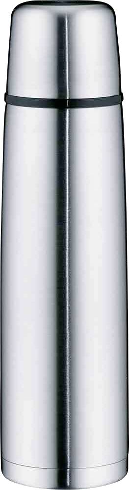 Eine silberne Thermoskanne mit glatter Oberfläche und schwarzem Ring am Deckel.
