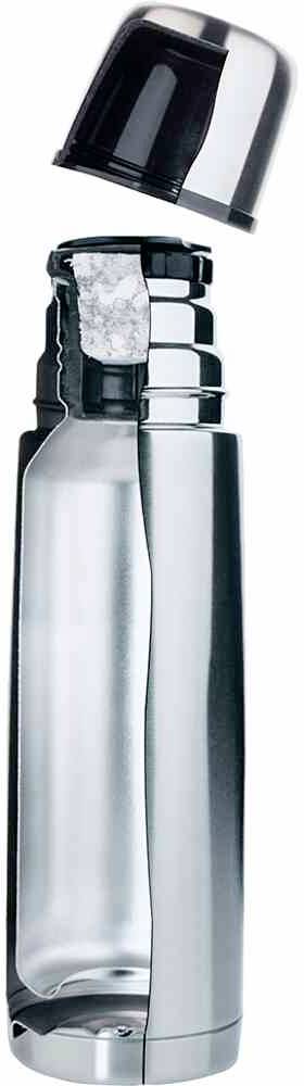 Metallische Flasche mit abnehmbarem Deckel in silberner Farbe. Die Flasche ist teilweise durchsichtig und zeigt einen Eiswürfel im Inneren.