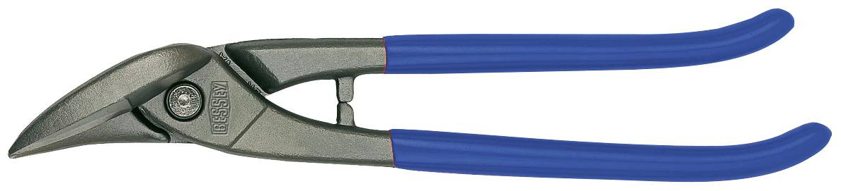 Eine Blechschere mit grauem Metallkopf und blauen Griffen, die zum Schneiden von Blechen verwendet wird.
