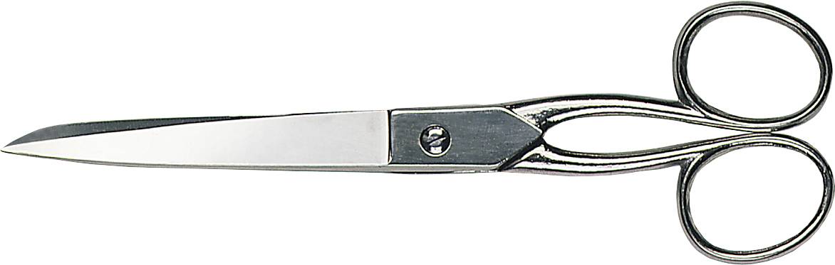 Eine silberne Schere mit großen runden Griffen, liegt horizontal.