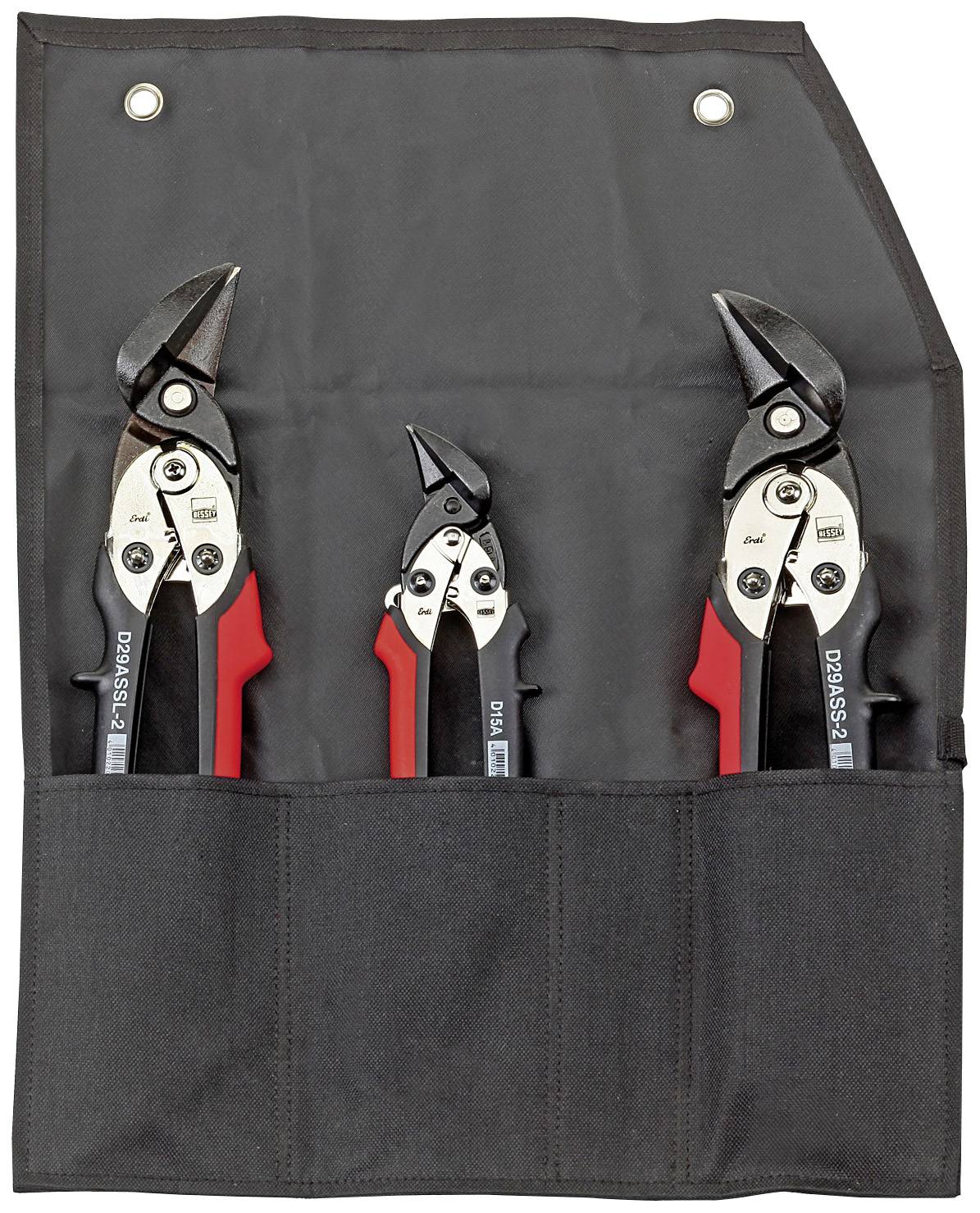 Drei Blechscheren mit roten Griffen in einer schwarzen Werkzeugtasche.