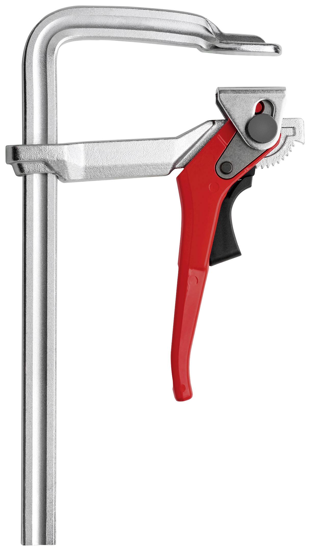 Eine silberne Schraubzwinge mit roter Griffmechanik, die zum Fixieren von Werkstücken verwendet wird.