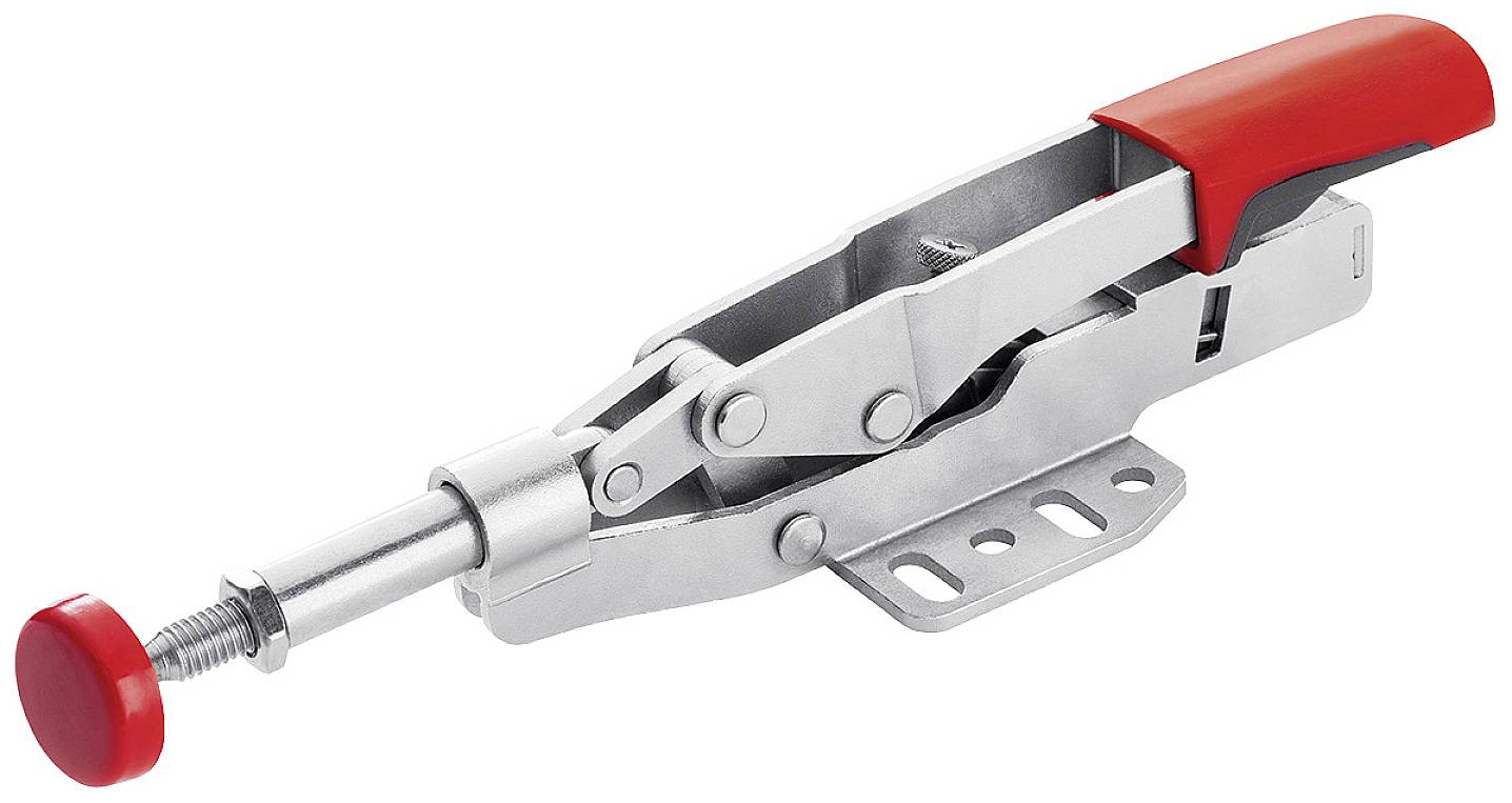 Ein Metallschnellspannverschluss mit einem roten Griff und einer Stellschraube. Er dient zum Halten und Fixieren von Werkstücken.