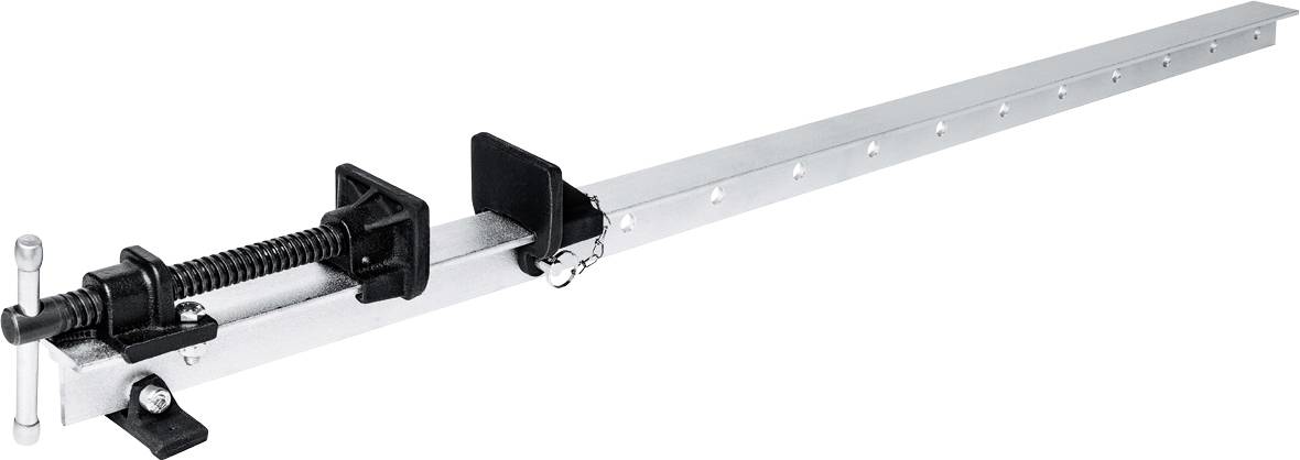 Eine lange Schraubzwinge aus Metall mit schwarzem Griff und Backen, oft verwendet zum Festhalten von Holz oder Metall während der Bearbeitung.