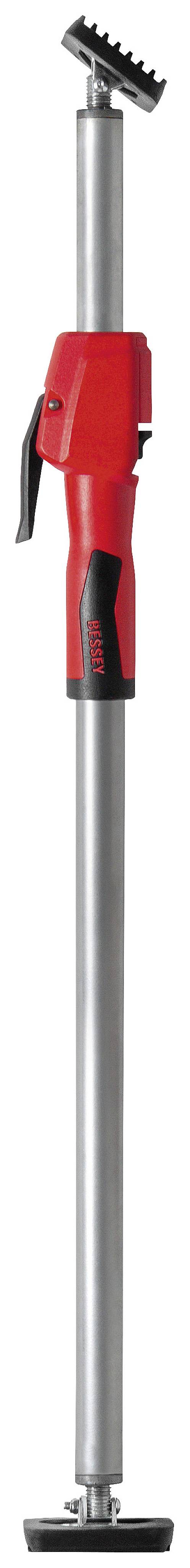 Stütze mit rotem Griff und schwarzem Hebel, geeignet für Bauprojekte zur temporären Fixierung von Materialien oder Konstruktionen.