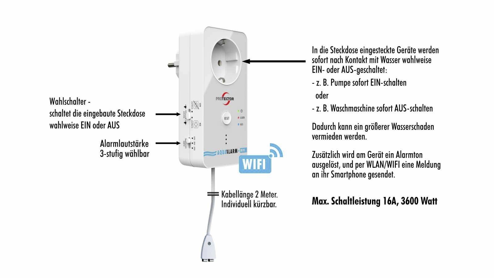 Protector 15021 WA-11 Wassermelder mit WIFI-Alarmweiterleitung mit externem Sensor netzbetrieben