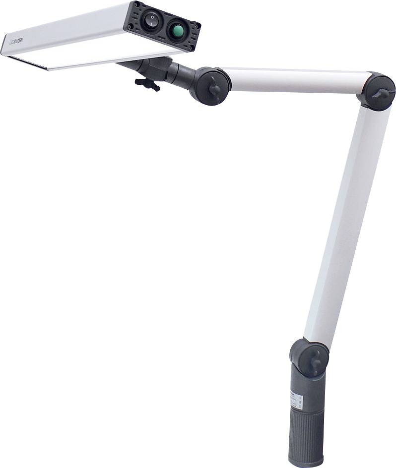 Ein weißer, verstellbarer Tischarm mit einer integrierten Lampe und Kamera, geeignet für präzise Beleuchtung und Dokumentation.