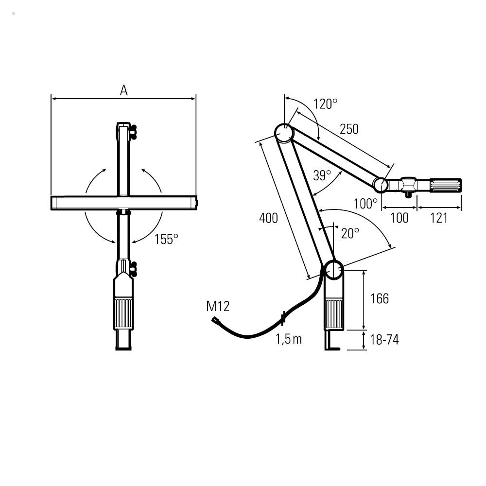 Technische Zeichnung eines schwenkbaren Arms mit Maßen: Gesamtlänge 400 mm, Drehwinkel 120°, Höhenverstellung 18-74 mm, Armreichweite 1,5 m.