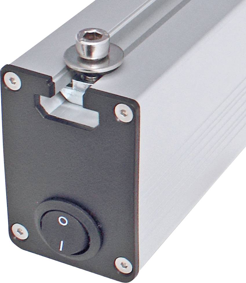 Ein silbernes, rechteckiges Gerät mit einem Ein-/Ausschalter und einer Schraubbefestigung oben. Verwendung in mechanischen Anwendungen.