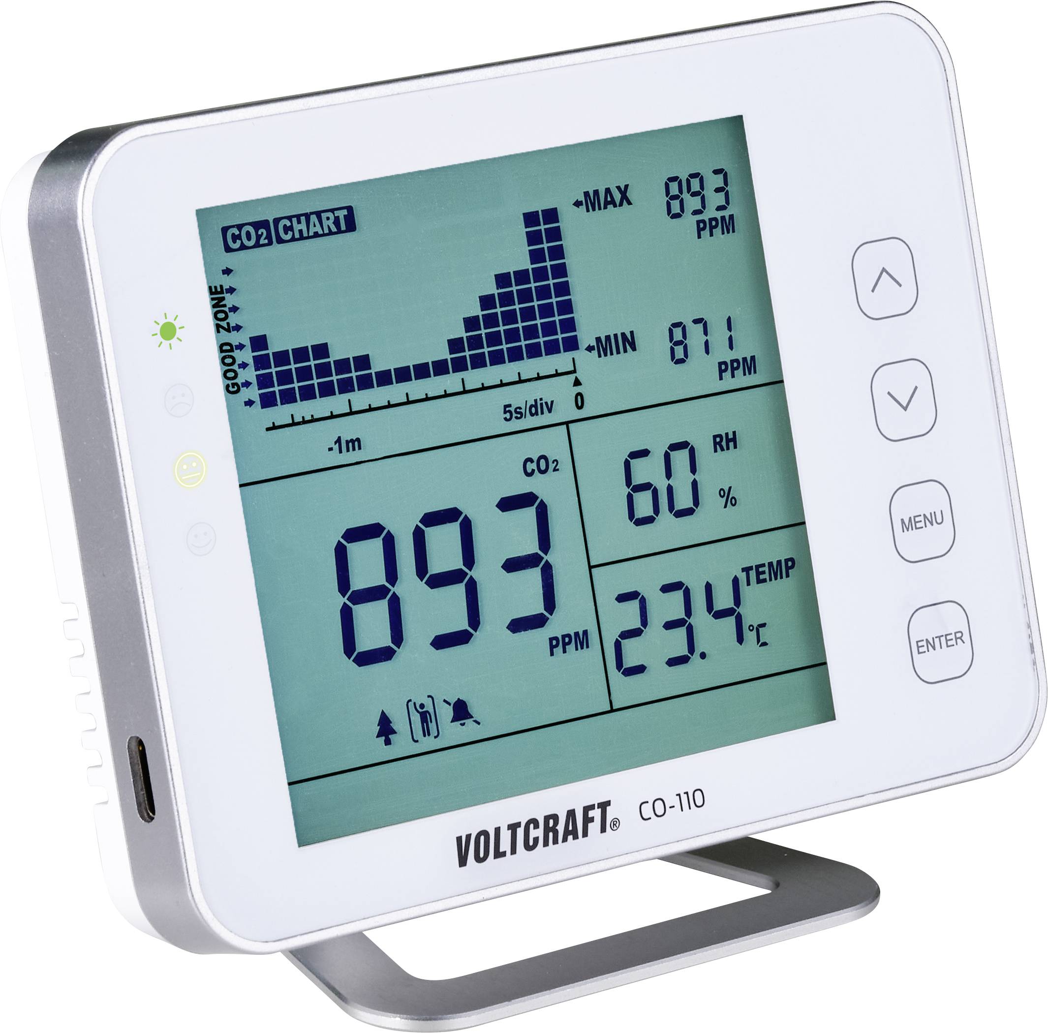 VOLTCRAFT CO-110 Kohlendioxid-Messgerät 0 - 5000 ppm mit Datenloggerfunktion kalibriert Werksstandard (ohne Zertifikat)