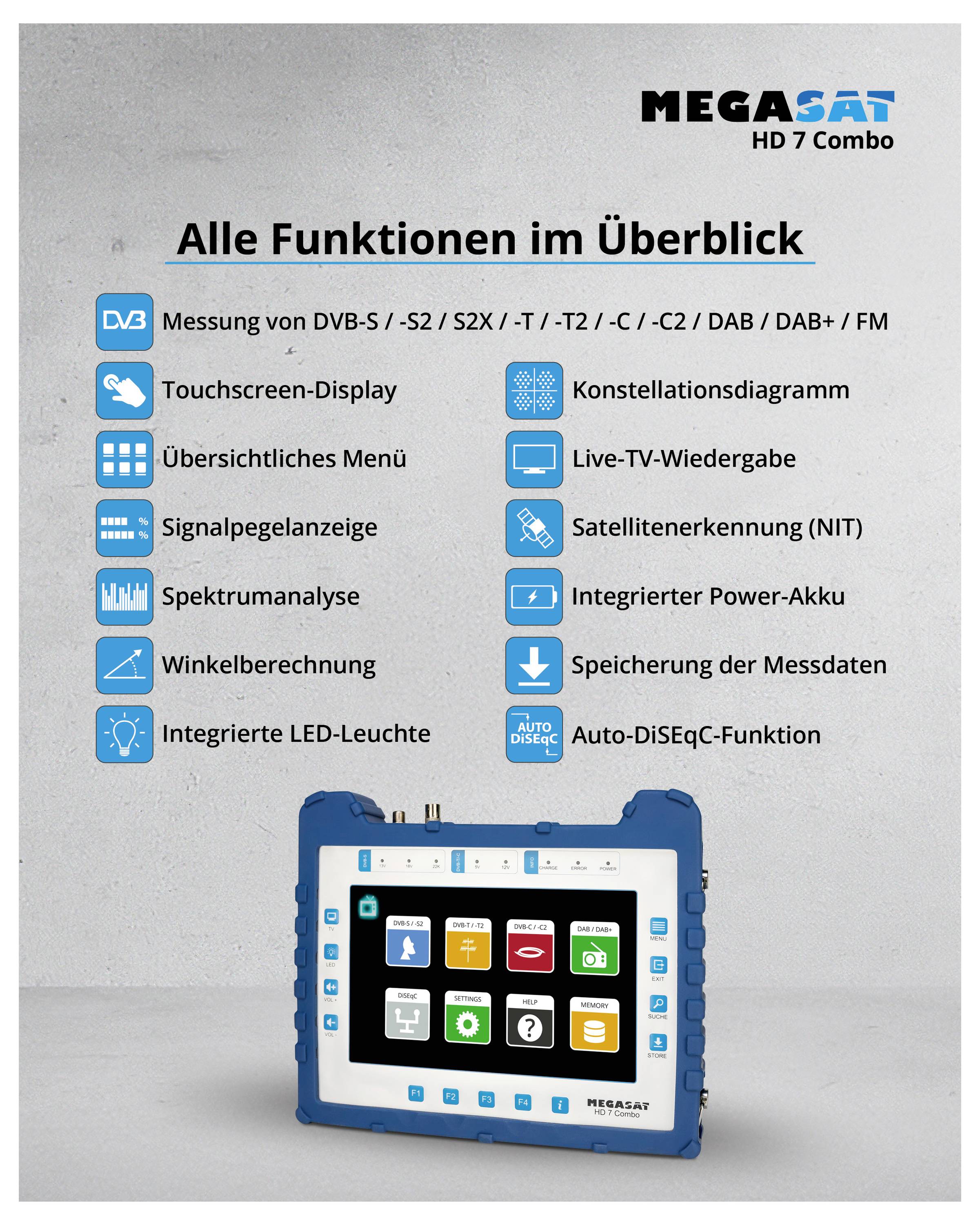 Das Bild zeigt ein Megasat HD 7 Combo Gerät. Text: 'Alle Funktionen im Überblick'. Funktionen: DVBT-Messung, Touchscreen, Spektrumanalyse, Speicher, Satellitensuche, Auto-DiSEqC.