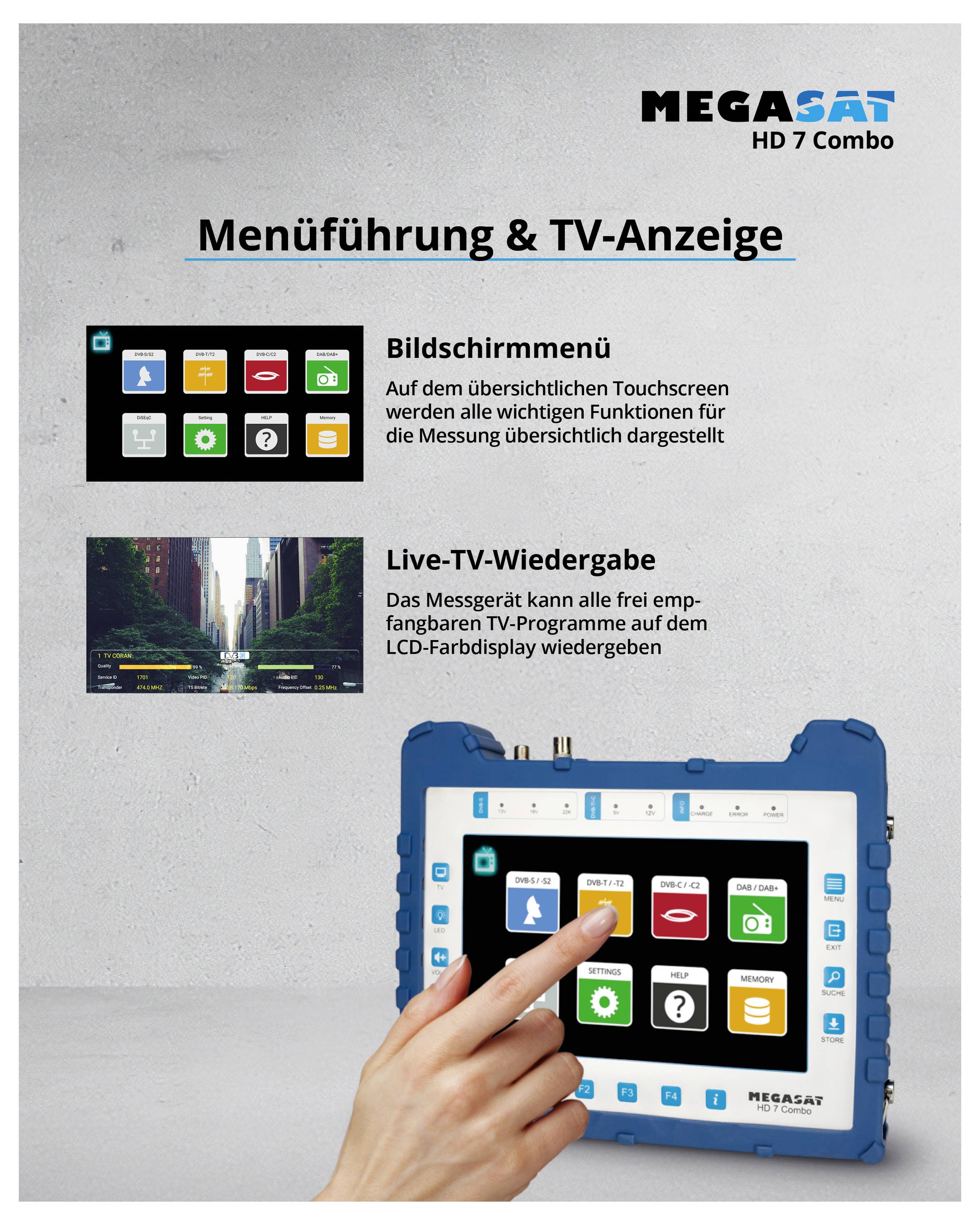 Ein elektronisches Gerät mit Touchscreen zeigt Menüoptionen für TV-Funktionen. Eine Hand wählt eine Option aus.