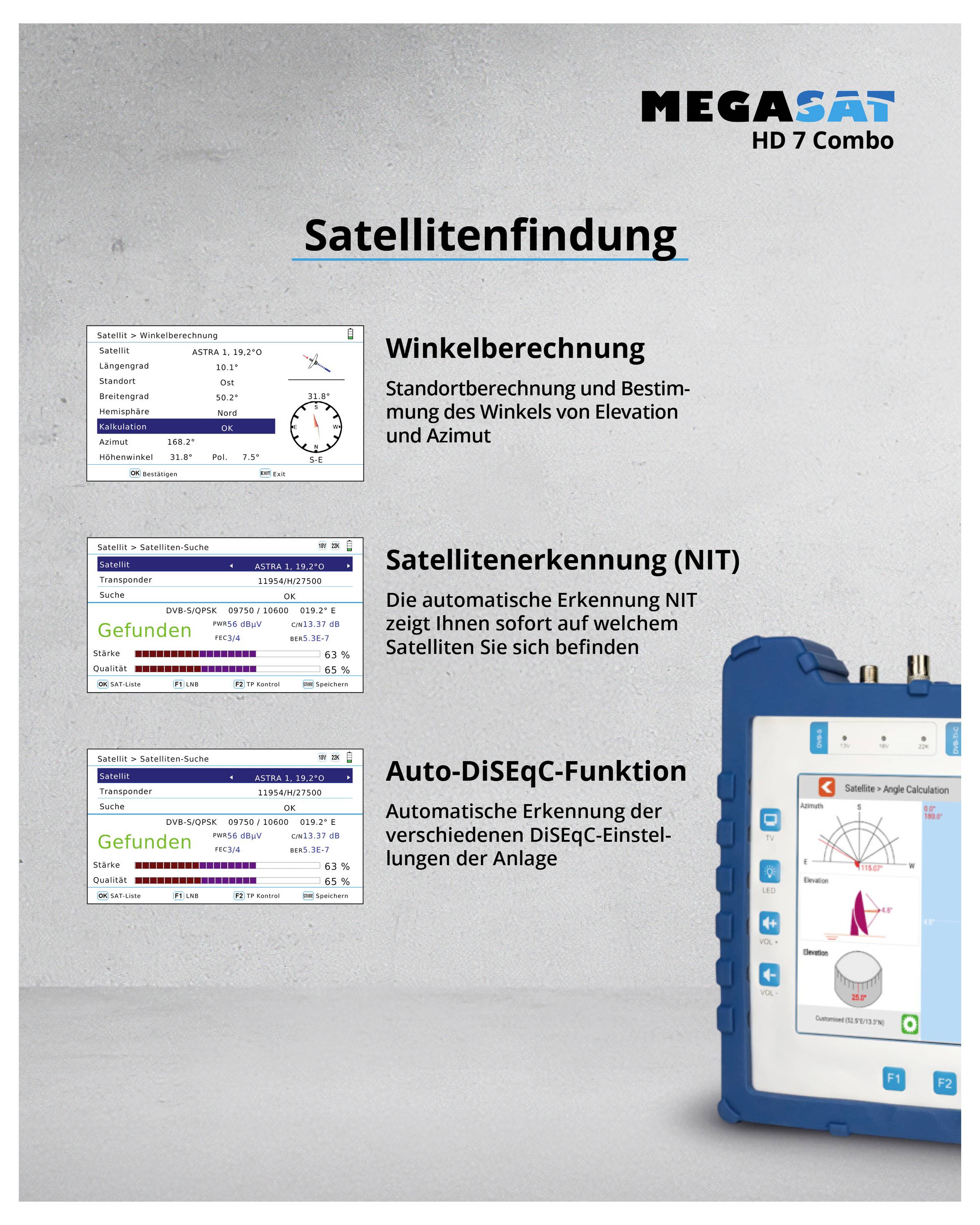 HD 7 Combo von Megasat: Zeigt Funktionen zur Satellitenfindung, Winkelfunktion für Elevation/Azimut, NIT-Satellitenerkennung, Auto-DiSEqC-Funktion. Gerätabbildung rechts.