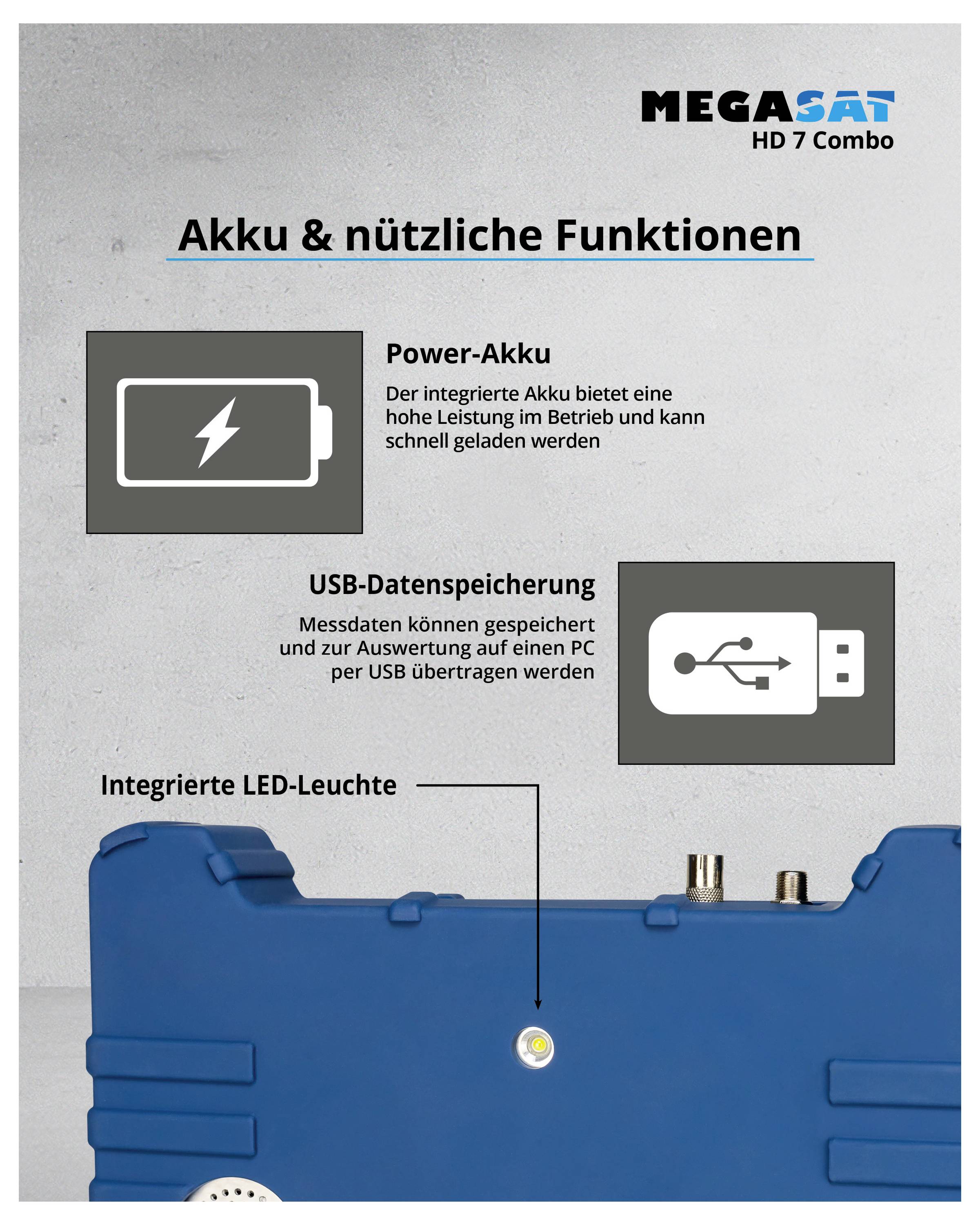 'Akku & nützliche Funktionen': Abbildung zeigt Batteriefunktionen eines Geräts, darunter Power-Akku, USB-Datenspeicherung und integrierte LED-Leuchte.