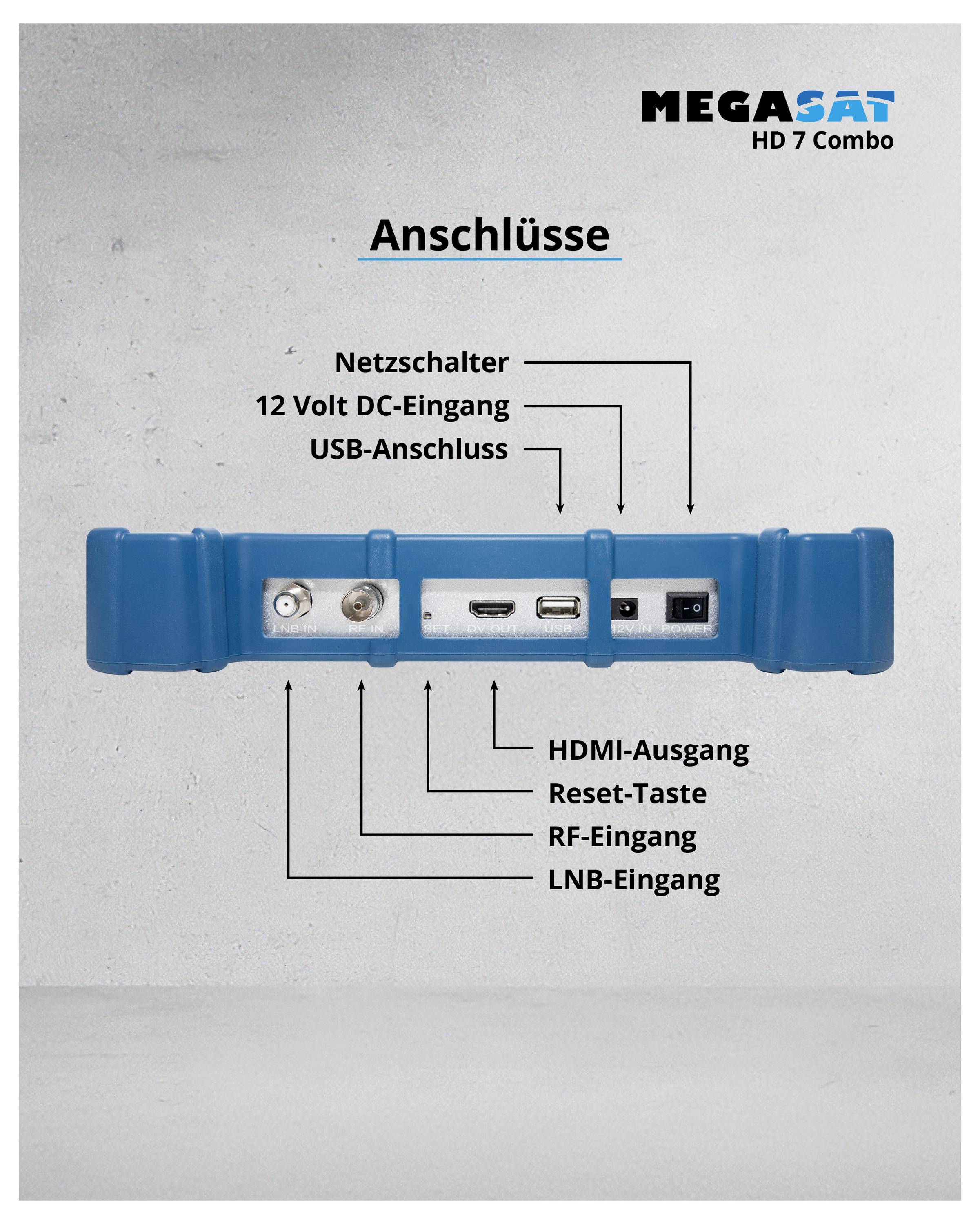 Das Bild zeigt die Rückseite eines Megasat HD 7 Combo Geräts mit den Anschlüssen: Netzschalter, 12 Volt DC-Eingang, USB, HDMI-Ausgang, Reset-Taste, RF- und LNB-Eingang.